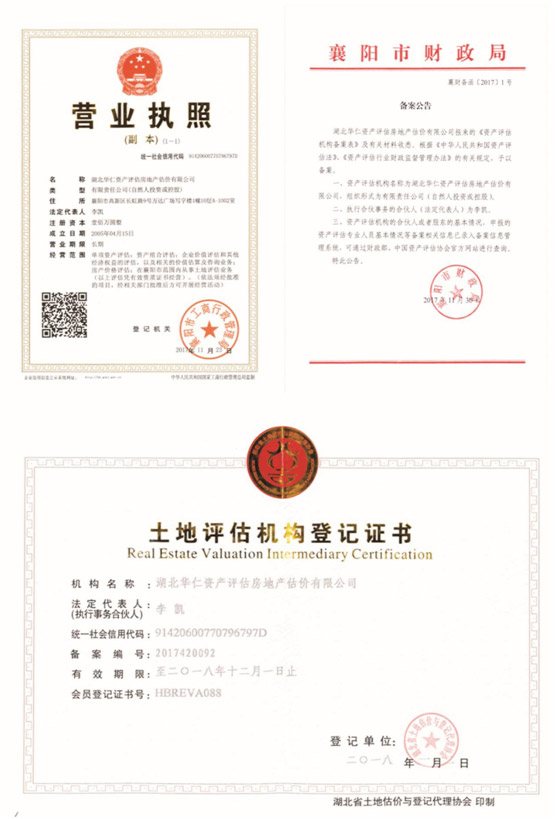 華仁資產評估房地產估價有限公司營業(yè)執(zhí)照、資產評估備案公告、土地評估機構登記證書.jpg